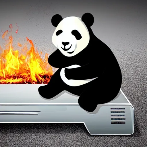 Image similar to a sad panda sitting next to the PC that just caught fire