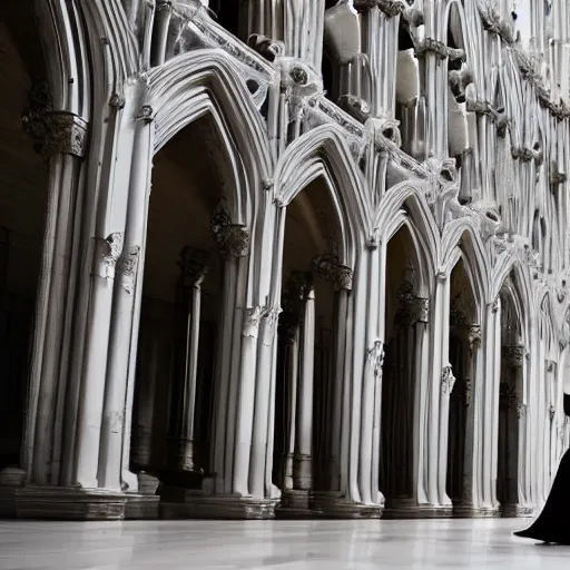 Image similar to architect, white marble gothic cathedral with a alabaster gothic girl dressed in black with perfect face