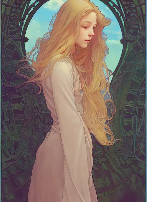 Image similar to pretty young man with shoulder length blond hair, half body shot, path traced, highly detailed, high quality, digital painting, by studio ghibli and alphonse mucha, leesha hannigan, hidari, disney, jules bastien - lepage, art nouveau, android jones, andreas rocha, conrad roset