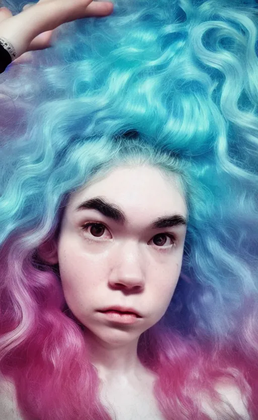 Image similar to Instagram selfie of Grimes' hair flowing like ocean waves, trending on artstation, macro photography, photorealistic quality, 4k, 8k, trending on artstation, artstationHQ, artstationHD.