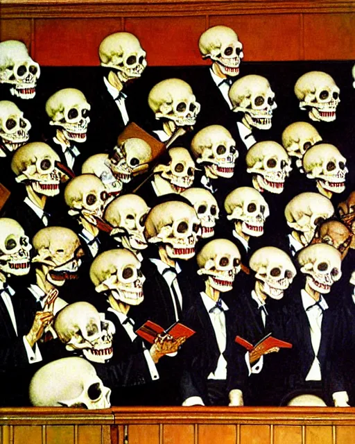 Prompt: oil geometric painting of skull skeletons singing in the choir by norman rockwell