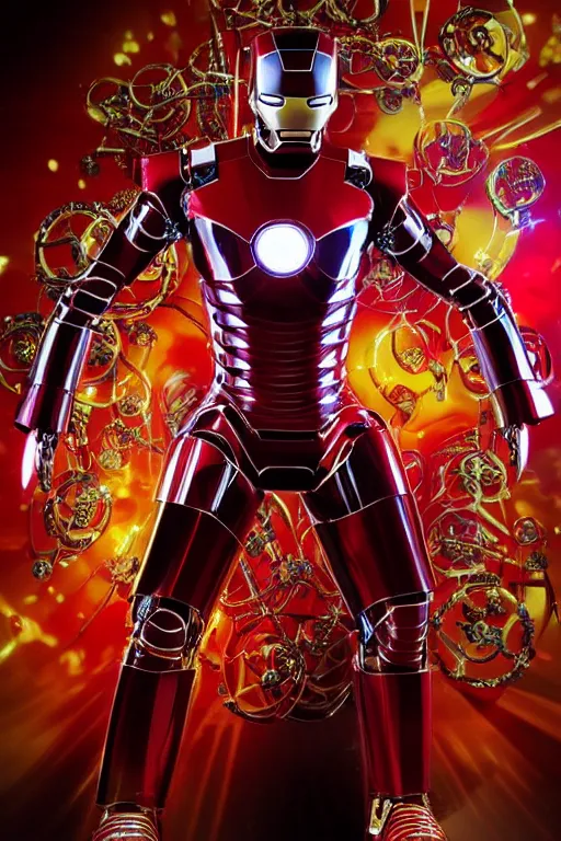 Image similar to portrait photo of michael jackson wearing a giant huge golden and red metal futuristic steampunk iron man suit with a red guitar covered with multicolored big gears and tubes, eyes are glowing red lightbulbs, shiny crisp finish, 3 d render, 8 k, insaneley detailed, fluorescent colors, background is multicolored lasershow