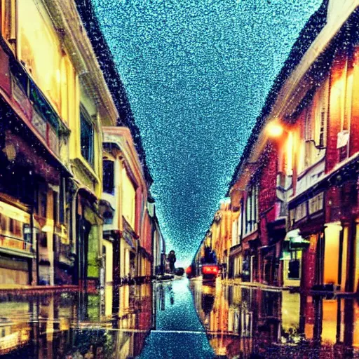 Image similar to a beautiful city in rainy day, reflection on the roads, lots of light, cars, people with umbrella, cinematic