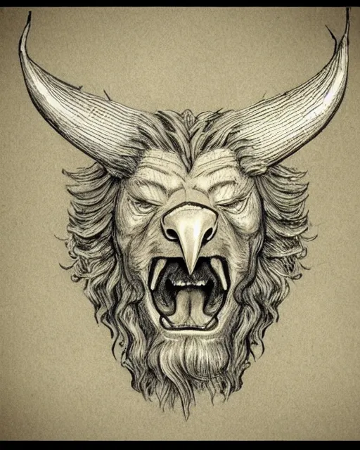 Prompt: human / eagle / lion / ox hybrid. horns, beak, mane. drawn by da vinci
