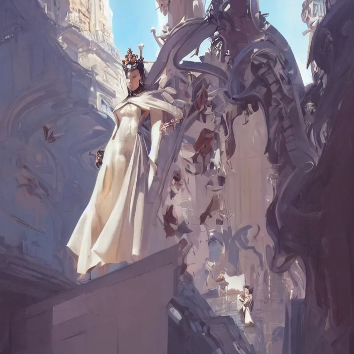 Prompt: gucci goddess, future fashion, stylish deity, model, concept art, digital painting, beautiful, ornate, hd, by greg rutkowski, by syd mead