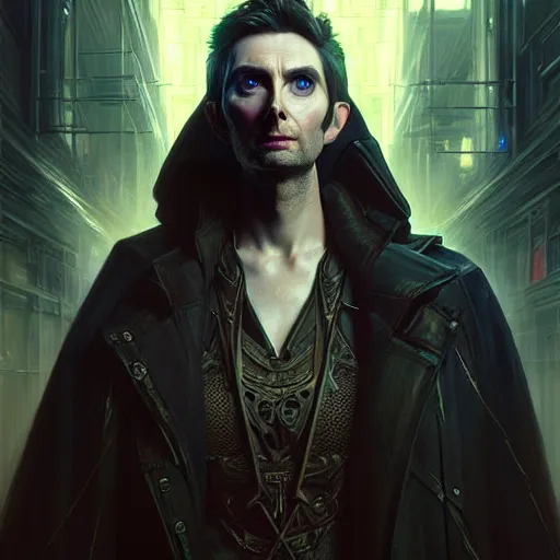 Image similar to portrait painting of a cyberpunk elven beautiful david tennant, ultra realistic, concept art, intricate details, eerie, highly detailed, photorealistic, octane render, 8 k, unreal engine. art by artgerm and greg rutkowski and charlie bowater and magali villeneuve and alphonse mucha