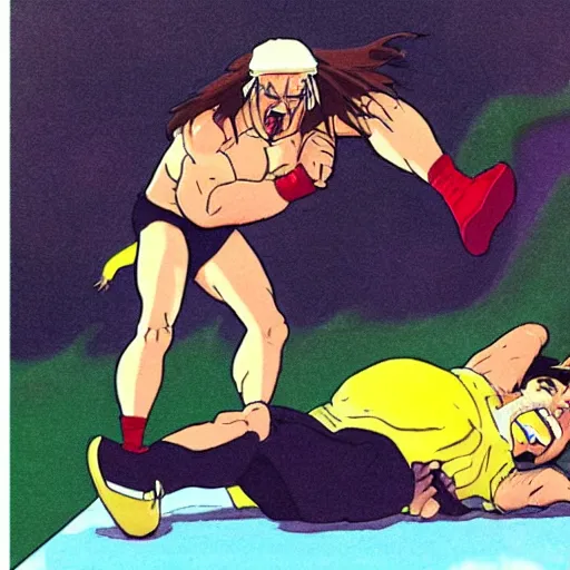 Image similar to hulk hogan hits a prone kenny g with his leg drop finisher, anime in the style of studio ghibli,