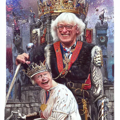 Image similar to Jimmy Saville being knighted by the Queen of England, detailed intricate ink illustration, happy atmosphere, detailed illustration, hd, 4k, digital art, overdetailed art, by greg rutkowski, by loish, complementing colors, Trending on artstation, movie poster style