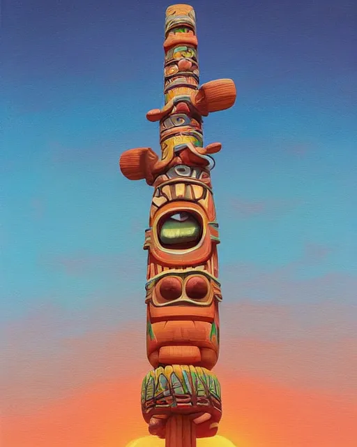 Prompt: a painting of a tribal tiki hut with a totem pole, a surrealist painting by Naoto Hattori, sunset, by Beeple, symmetry, by Makoto Shinkai and Lois van baarle, trending on deviantart, pop surrealism, lowbrow,, whimsical