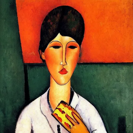 Image similar to Modigliani painting of a pizza magaritha on a garden table