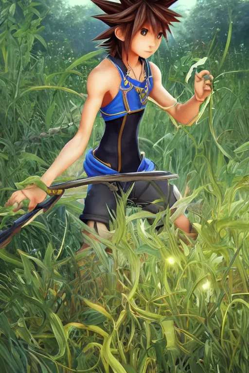 Image similar to sora from kingdom hearts, wavy hairstyle, battle stance, highly detailed, in a magical lush field of overgrown plants, digital painting, artstation, concept art, smooth, sharp focus, illustration, cinematic lighting, art by artgerm and greg rutkowski and alphonse mucha