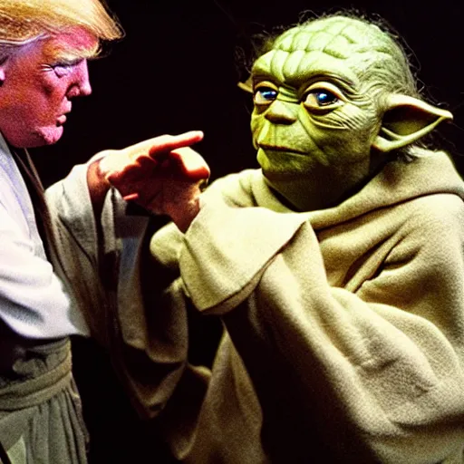 Image similar to yoda teaching english to donald trump, photorealistic dramatic lighting