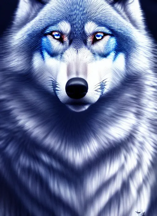 Prompt: blue wolf, red eyes highly detailed, deep focus, elegant, digital painting, smooth, sharp focus, illustration, ultra realistic, 8 k, art by wlop