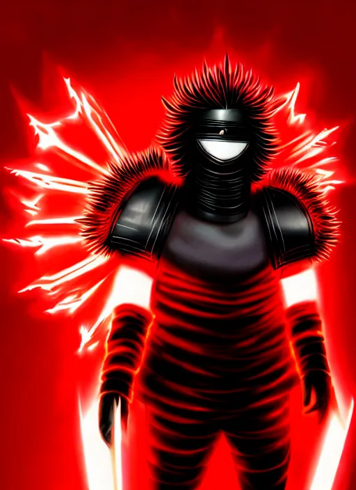 Image similar to a striking cinematic full body manga portrait of a long black haired masked male teenager wearing imposing red jagged spiked plate armour and glowing with raging powerful red energy by hirohiko araki and beeple, fine details, digital art, character concept art, volumetric lighting, cinematic light, photorealistic