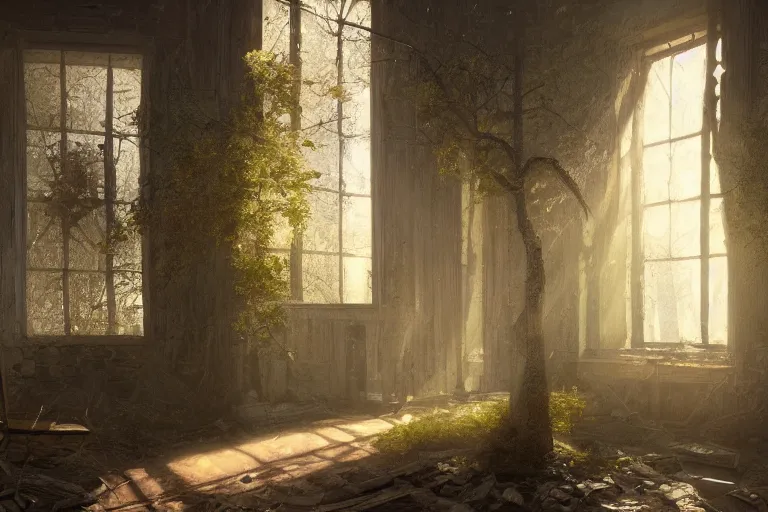 Image similar to the interior of an old abandoned house, an old oak tree grows inside the house, golden rays of sunlight enter through the window, digital art, trending on artstation, matte painting, concept art, drawn by greg rutkowski, inspired by johannes vermeer, cold colors