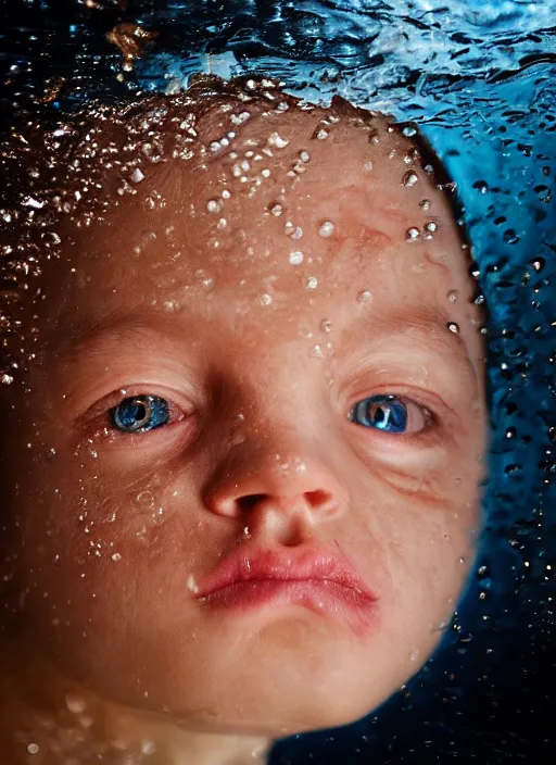 Image similar to beautiful extreme closeup portrait of a young girl fully submerged ecxept of the top of his head, horrified look in his eyes, water reflection, in style of frontiers in helmet motoracing dirt Helmets of Emperor Charles V, highly detailed, soft lighting, elegant,sigma 85mm, Edward Hopper and James Gilleard, Zdzislaw Beksinski, Steven Outram, highly detailed