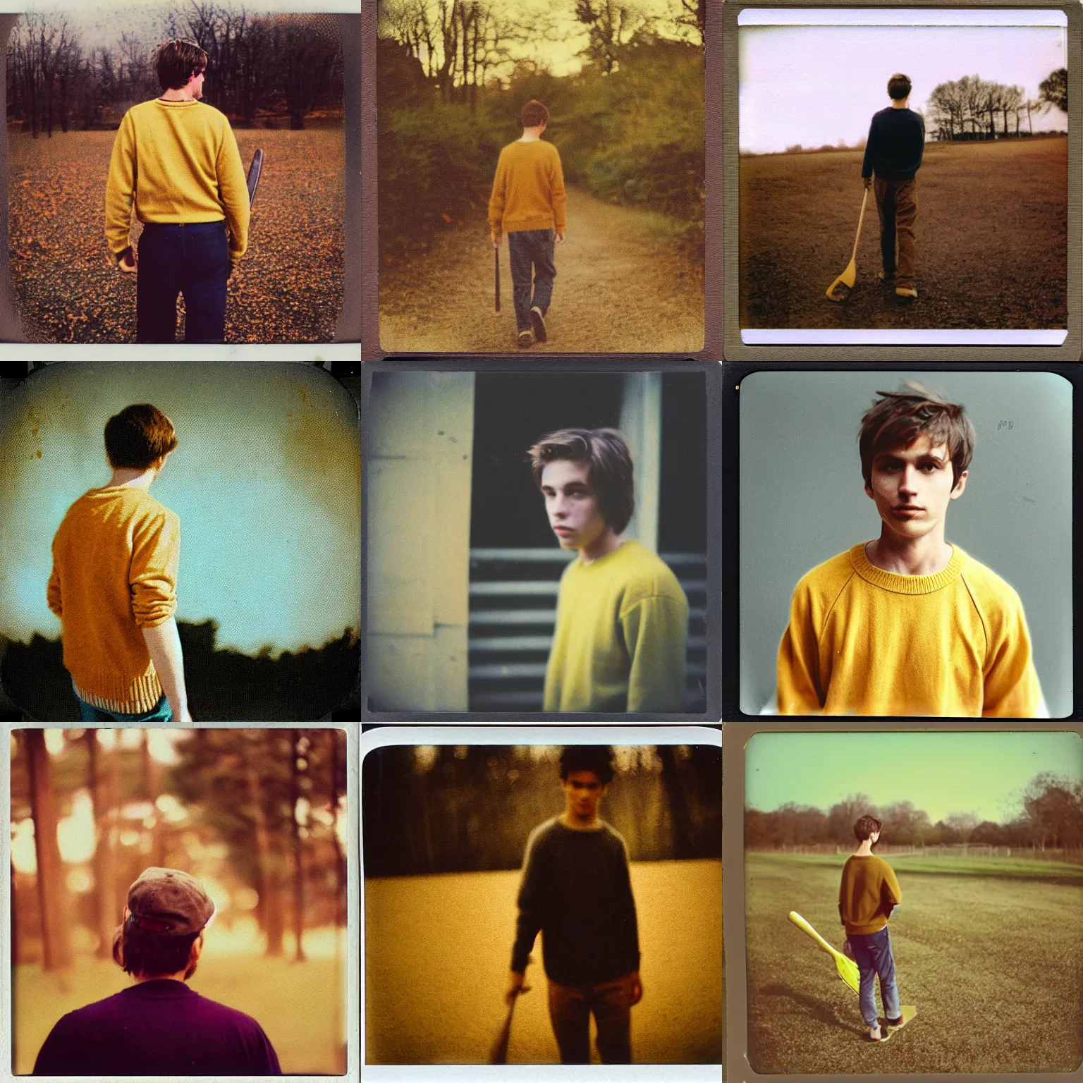 Prompt: instax polaroid film photo of a young man with messy medium length light brown hair and a yellow sweater walking away from the camera with a bat, zoomed out, warm, nostalgia, faded glow, expired film analog photography, grainy texturized dusty, saturated colorized