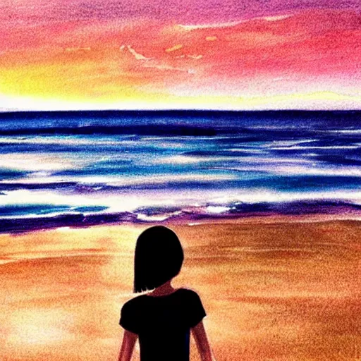 Prompt: girl looking at the sea on the beach during sunset, realistic shaded, highly detailed, anime, realistic