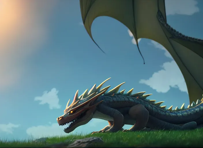 Image similar to a wholesome animation key shot of a dragon sleeping, close up, studio ghibli, pixar and disney animation, sharp, rendered in unreal engine 5, clear sky, anime key art by greg rutkowski, bloom, dramatic lighting
