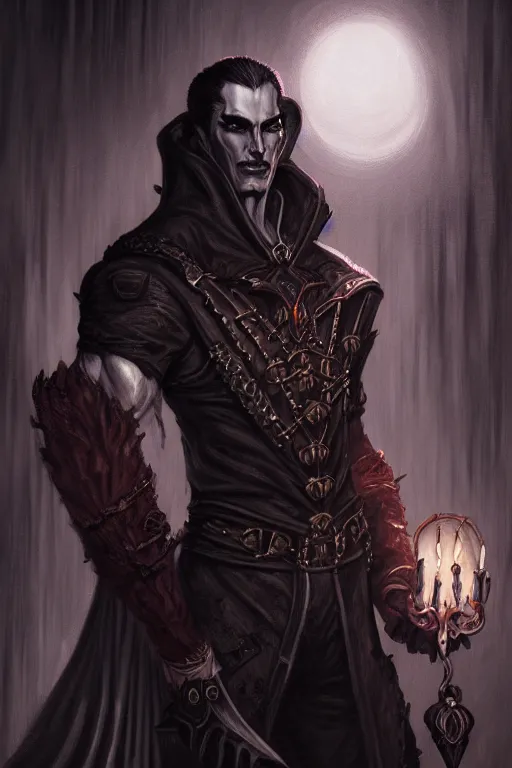 Image similar to portrait of a muscular strahd the vampire in a dark alleyway, fantasy, intricate, elegant, highly detailed, digital painting, artstation, concept art, matte, sharp focus, illustration, art by aenaluck, epic fantasy, moody, dark mood, digital painting