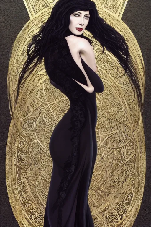 Image similar to claudia black as morticia addams, masterpiece, intricate, elegant, highly detailed, digital painting, artstation, concept art, smooth, sharp focus, illustration, art by artgerm and greg rutkowski and alphonse mucha and uang guangjian and gil elvgren and sachin teng, symmetry!!