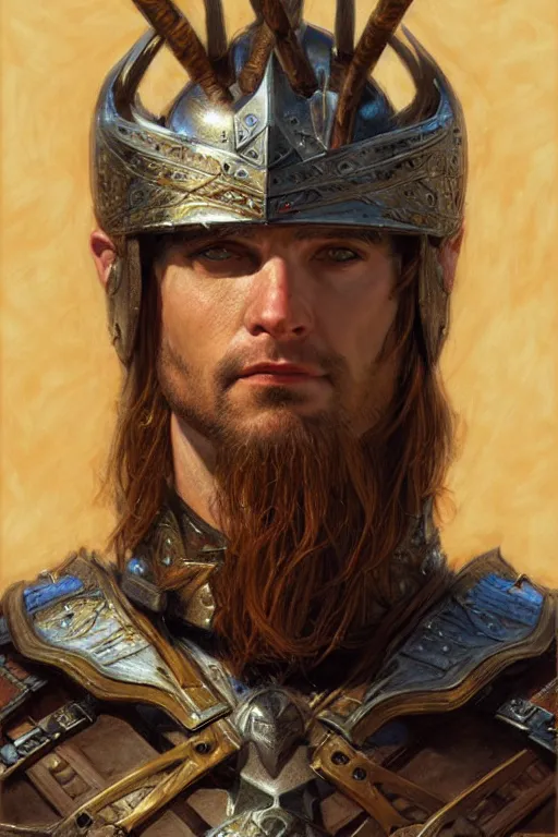 Image similar to head and shoulders portrait of a warrior, male, breastplate, magical, high fantasy, d & d, by donato giancola, face details, extremely detailed, digital illustration