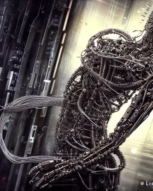 Image similar to photo of a biomechanical torso of a cyborg plugged into a quantum computer with cables and wires. cyberpunk horror style. art by luis royo. highly detailed 8 k. intricate. nikon d 8 5 0 5 5 mm. award winning photography.