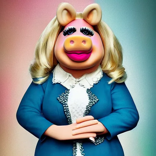 Prompt: a portrait of miss piggy smiling as sara netanyahu, neutral colors, warm, sharp