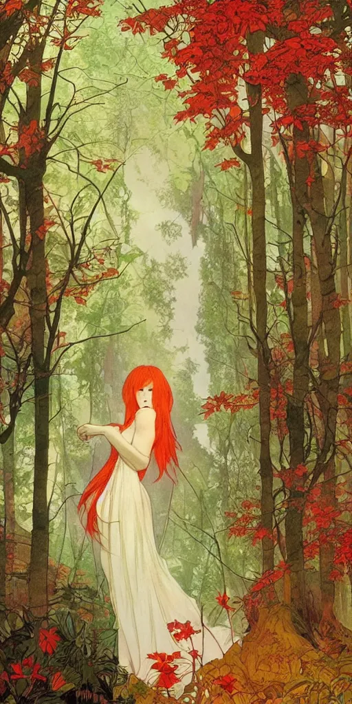 Prompt: a beautiful illustration of a red-head female in a forest, autumn, cinematic composition, mist, style of yoshitaka amano and alfons mucha