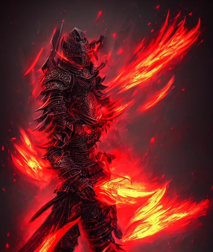 Image similar to a detailed manga character illustration of a dark warrior in black plated armour surrounded by red flames, trending on artstation, digital art, 4 k resolution, detailed, octane render, high quality, sharp focus, hq artwork, insane detail, concept art, character concept, character illustration, full body illustration