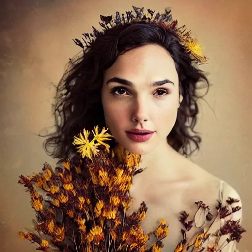 Prompt: fine art photo of the beauty goddess gal gadot, she has a crown of dried flowers, by oleg oprisco