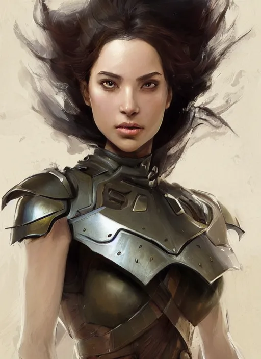 Image similar to a professional painting of a beautiful young female, clothed in military armor, olive skin, long dark hair, beautiful bone structure, symmetrical facial features, intricate, elegant, digital painting, concept art, smooth, sharp focus, illustration, from Knights of the Old Republic, by Ruan Jia and Mandy Jurgens and Artgerm and William-Adolphe Bouguerea