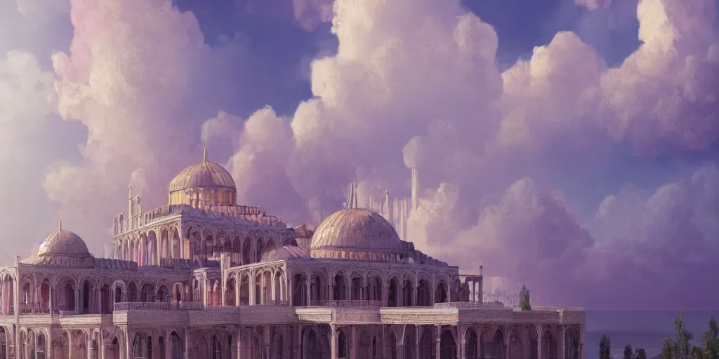 Prompt: beautiful digital illustration of a Byzantine palace in the clouds, surrounded by fluffy cotton candy clouds, pastel color scheme, establishing shot, cinematic, architecture, concept art, deviantArt, artsation, artstation HQ, HD, 16k resolution, smooth, sharp detail, amazing depth, octane, finalRender, Unreal Engine