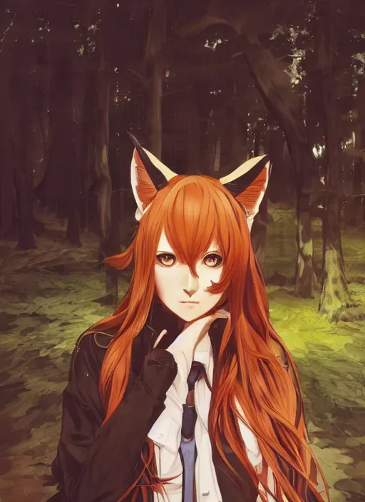 Prompt: illustration by shigenori soejima, by tatsuki fujimoto, by yoji shinakawa, girl with fox ears, long wavy orange hair, light brown trenchcoat, forest background, focus on face, pretty, moody lighting, painterly