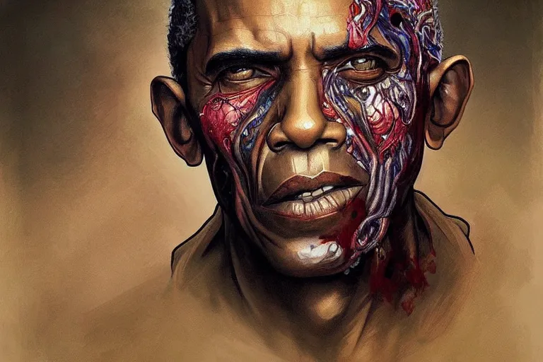 Image similar to portrait of a Barack Obama zombie, intricate, elegant, highly detailed, digital painting, artstation, concept art, smooth, sharp focus, illustration, art by Krenz Cushart and Artem Demura and alphonse mucha