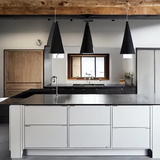 Image similar to luxury bespoke kitchen design, modern rustic, Japanese and Scandanvian influences, understated aesthetic, innovative materials and textrue, by Roundhouse Design and Charles Yorke and Davonport