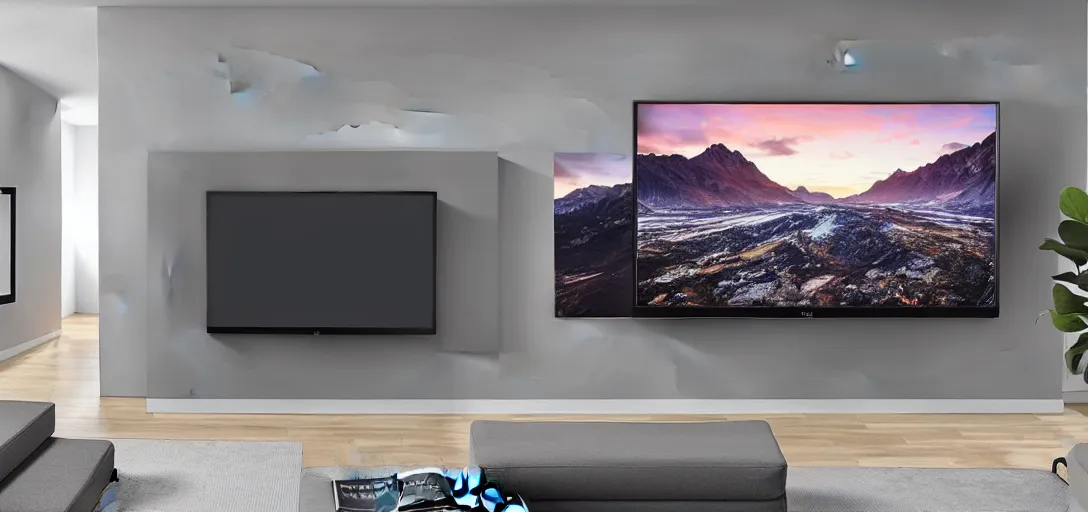 Image similar to a 1 0 0 inch crt monitor mounted on the wall of a living room being used as a tv