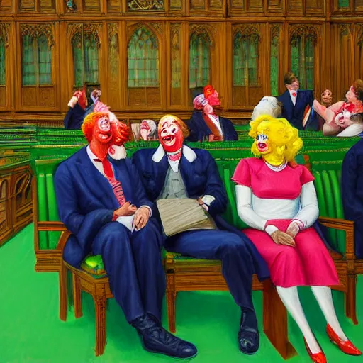 Image similar to a highly detailed beautiful portrait close up hyper realistic painting of british members of parliament in the house of commons wearing pastel coloured clown costumes with pleasant oversized joyful faces, they are smoking. in the style of edward hopper, richard hamilton. concept art. green leather benches. photographic. concept. crisp digital art. no artefacts. desaturated. high fidelity facial portrait. 8 k