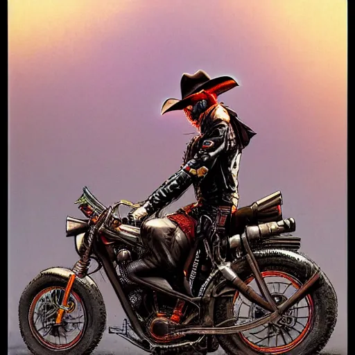 Image similar to a cyberpunk cowboy fully decked out in his cowboy hat, holsters, boots and spurs, sitting on a high tech motorbike in a scenic environment by wayne barlowe