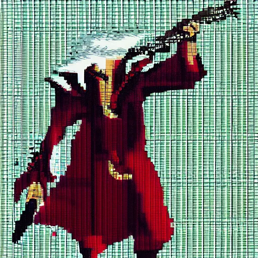 Prompt: Dante from Devil May Cry in Castlevania Symphony of the Night, highly detailed, pixel art