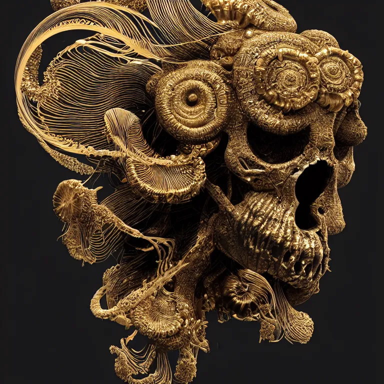 Image similar to black background. absolutely symmetrical sculpture. centered. goddess princess face close-up portrait ram skull. sculpture made of gold and black charcoal. jellyfish phoenix head, nautilus, orchid, skull, betta fish, bioluminiscent creatures, intricate artwork by Tooth Wu and wlop and beeple. octane render, trending on artstation, greg rutkowski very coherent symmetrical artwork. cinematic, hyper realism, high detail, octane render, 8k