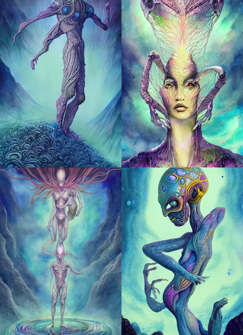 Prompt: fanciful and surreal water color illustration, scene of a newly ascended alien spirit, concept art, highly detailed, intricate, fantasy, sharp focus, Trending on Artstation HQ, deviantart