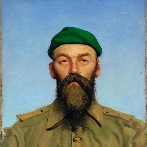 Prompt: soldier of slavic appearance with a white beard, white mustache, white hair in a green cap, green camouflage, in black trousers against a blue sky and wheat fields in the style of andrei riabovitchev, realism, portrait