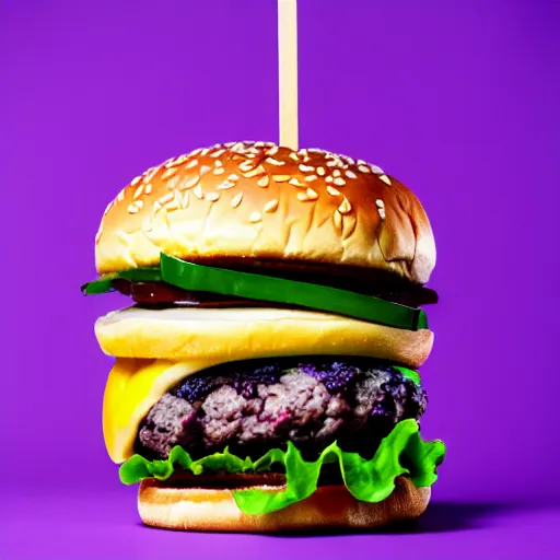 Image similar to a stock photo of a banana on a burger on a purple background, product photography, f 2. 4, bokeh effect, award winning