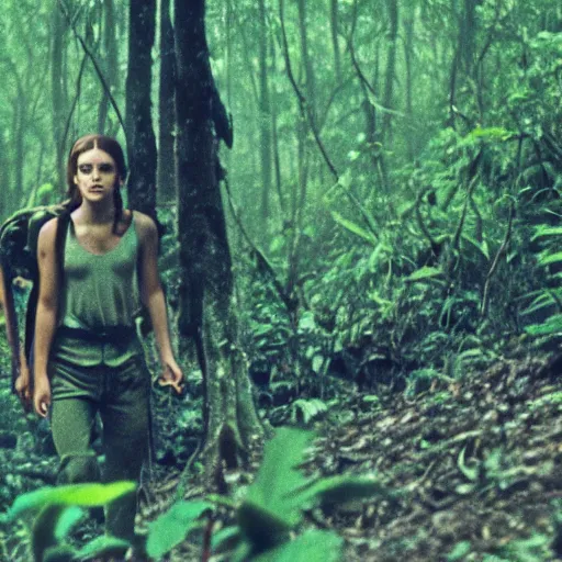 Image similar to film still, close up, emma watson soldier hiking through dense vietnam jungle, mist, film still from apocalypse now ( 1 9 7 9 ), 2 6 mm, kodak ektachrome, blue tint ektachrome film,