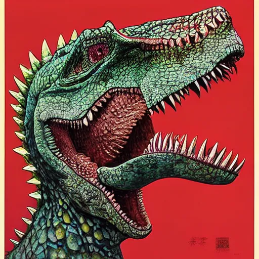 Image similar to a simple centered portrait of a cowboy dinosaur. an award winning yoshitaka amano digital art poster color painting, by james gurney and gerhard richter. art by takato yamamoto. masterpiece, poster colour on canvas.