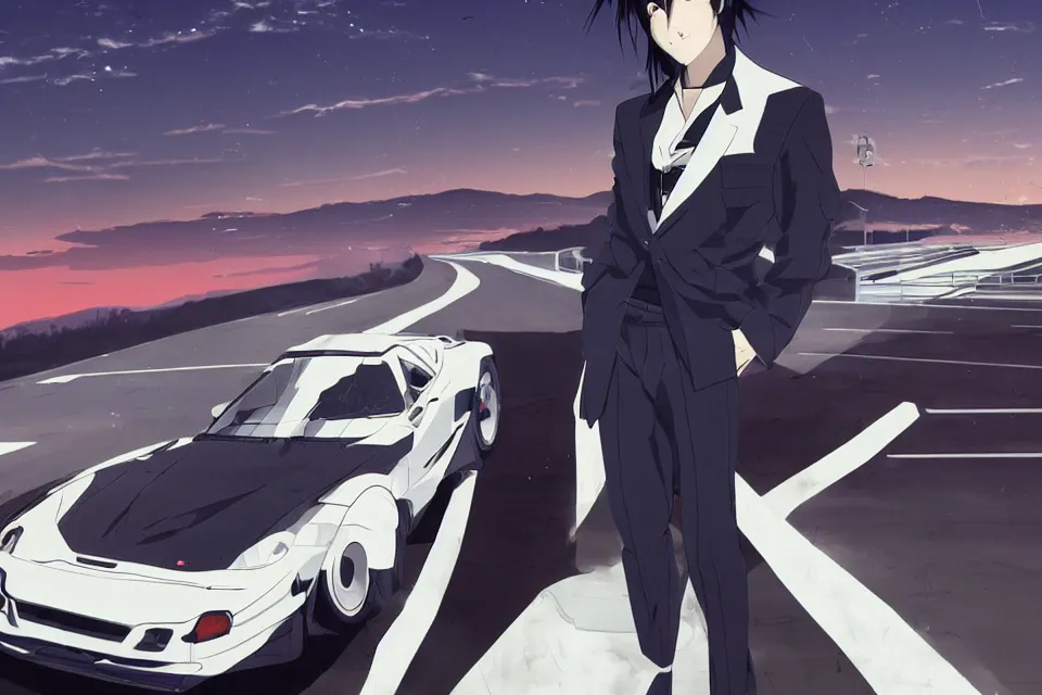 Image similar to aesthetic portrait illustration of ryosuke takahashi with black hair, dark blue shirt and white pants, standing by his white glossy mazda rx 7 on an empty highway at sunrise, cinematic lighting, initial d anime 1 0 8 0 p, 9 0 s anime aesthetic, volumetric lights, rule of thirds, unreal engine 5 render, pinterest wallpaper, trending on artstation