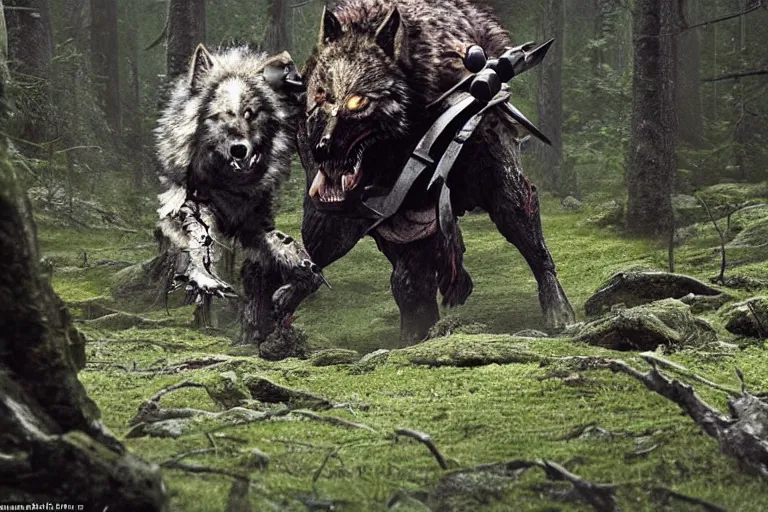 Image similar to vfx movie closeup detailed ancient armored warrior orc hunting riding large wolf in the forest, natural lighting by emmanuel lubezki