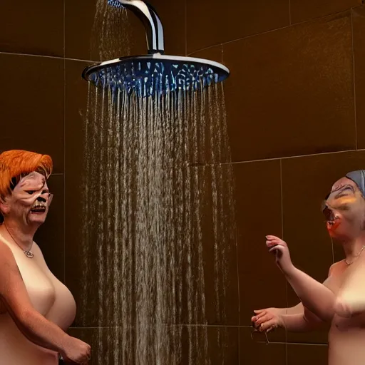 Image similar to Three old ladies shouting into a shower head, unreal engine, high detail