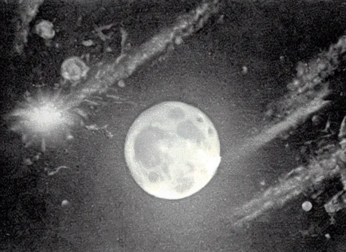 Image similar to vintage film still of the moon exploding shattering fragments in the sky around the exploding moon over new york city in the 1 9 2 0 s from the old sci - fi movie